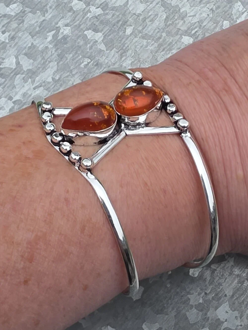 Baltic Amber Cuff Bracelet In 925 Sterling Silver (Adjustable)